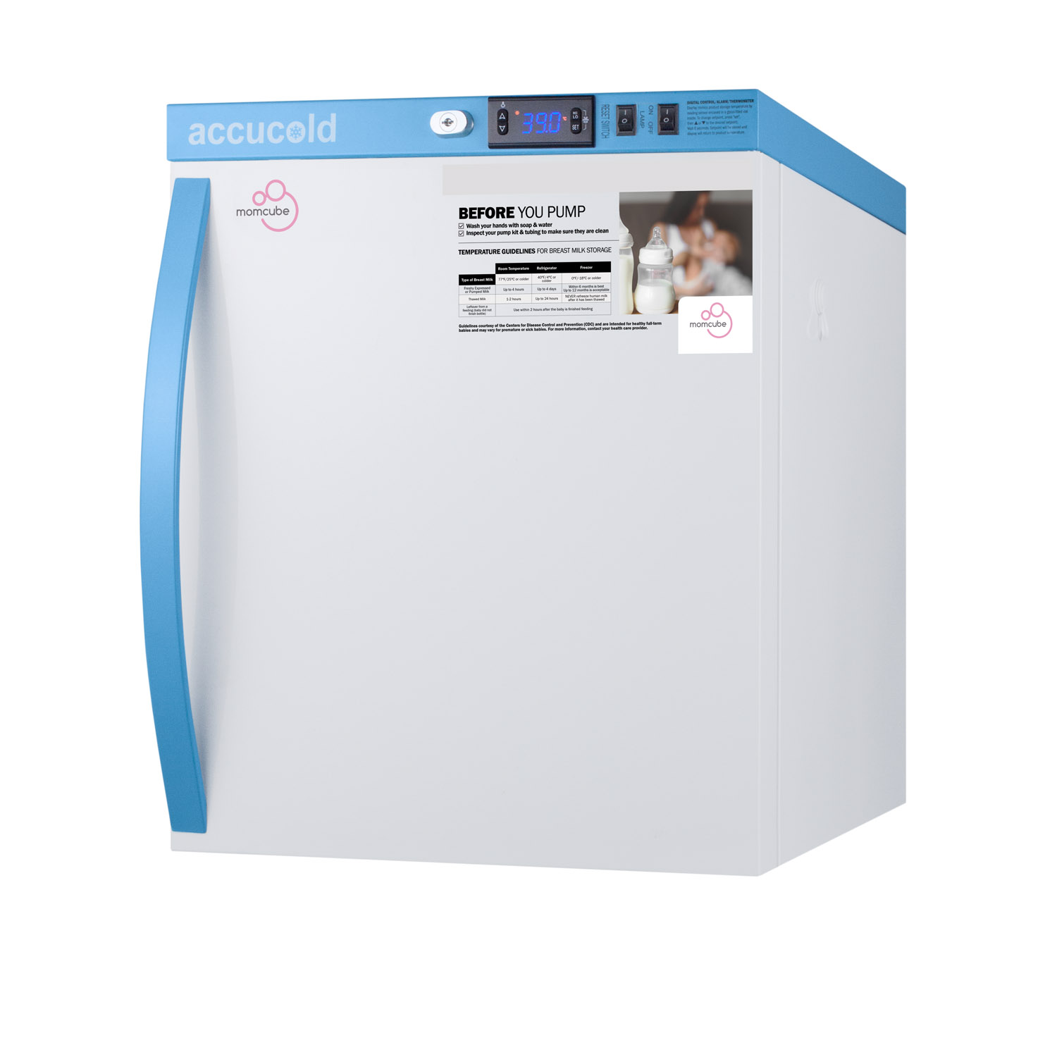 Purpose-built all-refrigerator for breast milk storage with 2 adjustable shelves, antimicrobial silver-ion handle, and a hospital grade cord with 'green dot' plug